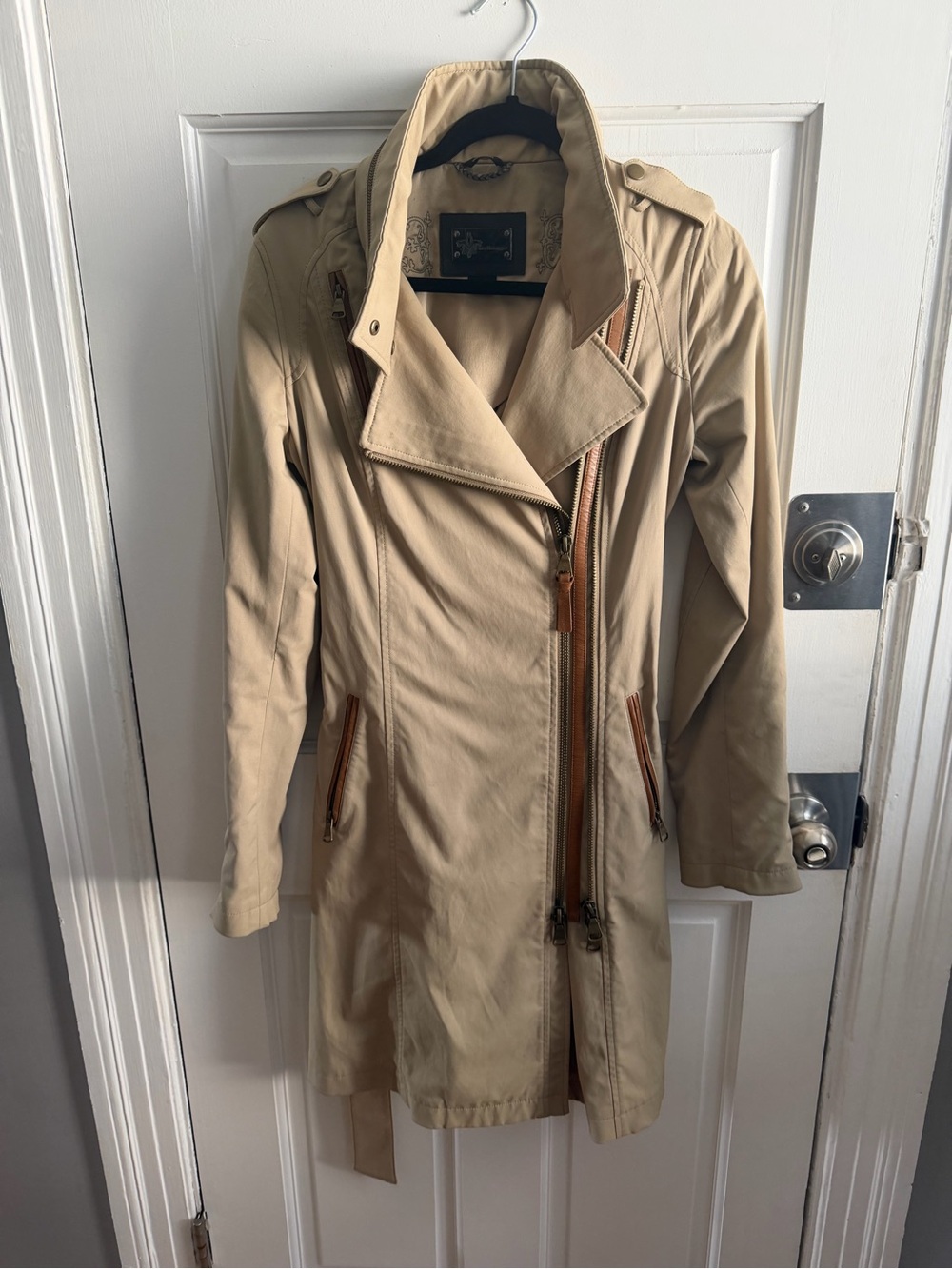 Vintage Women’s Mackage Trench Coat with Leather & Asymmetric Zip Size Small